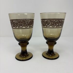 Set of Two Vintage Amber Glass Goblet with Swirl Design 7 Tall Glasses  16 Oz